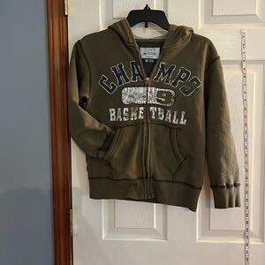 Children’s place-size M-army green, hooded full zip, distressed sweatshirt.